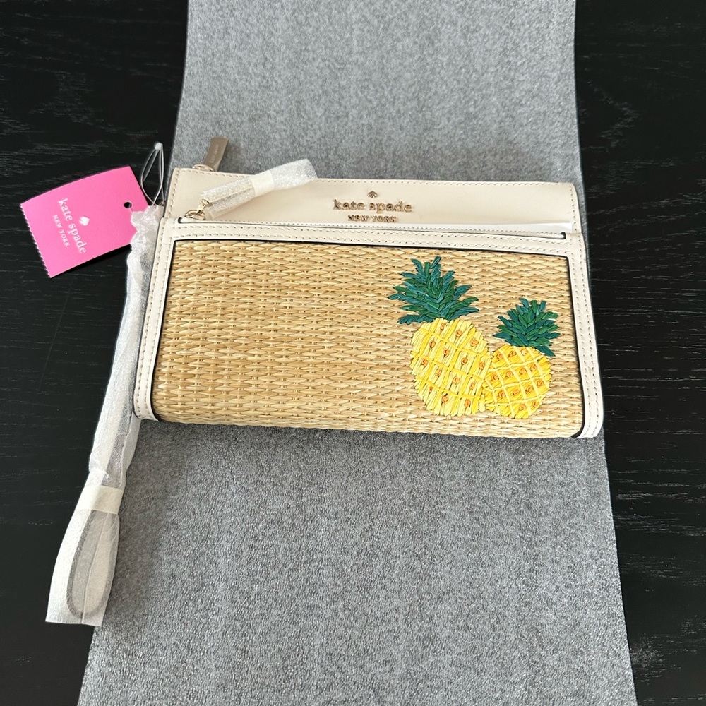 🆕 Pina colada pineapple fruit yellow green kate spade wristlet wallet straw